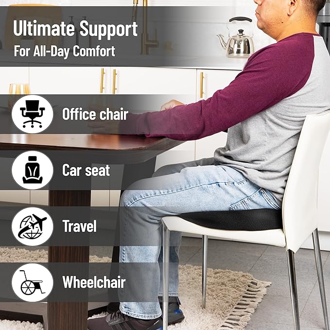 Mind Reader Memory Foam Seat Cushion with Air-Cloud Technology, Sciatica, Coccyx & Hip Pain Relief, Office, Memory Foam, Black