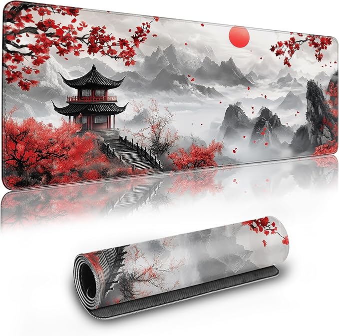 Long Gaming Mouse Pad Extended Anime Large Desk Pad with Non-Slip Base Full Keyboard Mat with Stitched Edges for Gaming and Office 31.5 x 11.8 inches (Mountain Cherry)