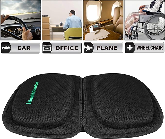 Small Travel Seat Cushion Cooling Gel & Memory Foam Portable Foldable Seat Pad for Airplane, Car, Office, Stadium Orthopedic Butt Pain Relief Pillow, 2-in-1 Design for Kids & Adults