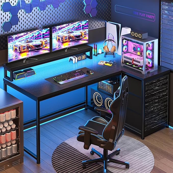 EnHomee 48Inch L Shaped Gaming Desk with LED Lights & Power Outlet, Reversible Computer Desk with Monitor Stand & 3 Drawers Corner Desk with for Gaming,Study Room,Home Office,Bedroom,Black