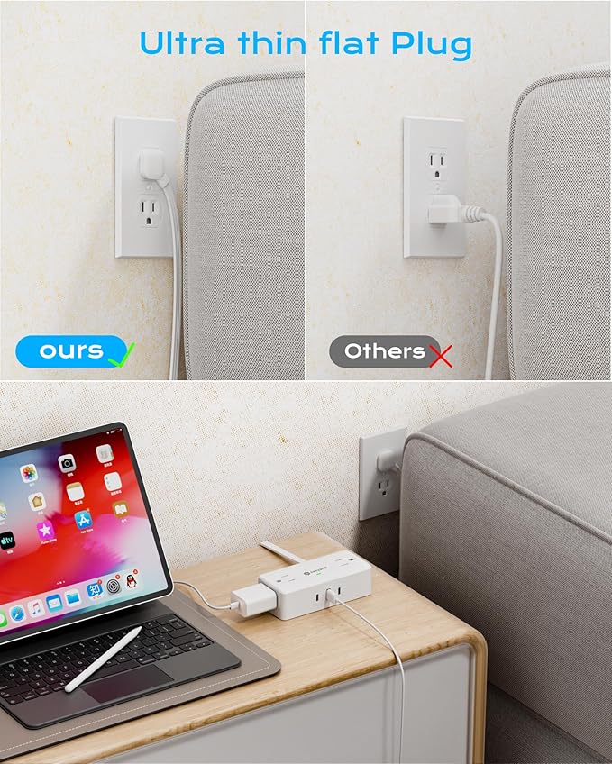 Kakyanill Surge Protector Power Strip, 10 ft Flat Extension Cord with 4 Outlets 3 USB Ports (2 USB C), Flat Plug Power Strip with 900 Joules Protection, Suitable for Home Office Dorm Room, White