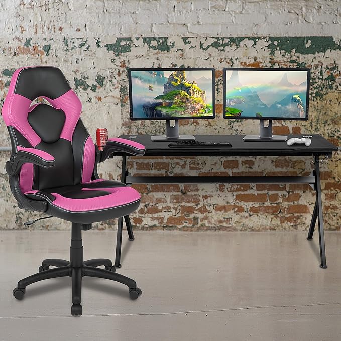 EMMA + OLIVER Black/Pink Gaming Desk Bundle - Cup & Headphone Holders/Mouse Pad Top