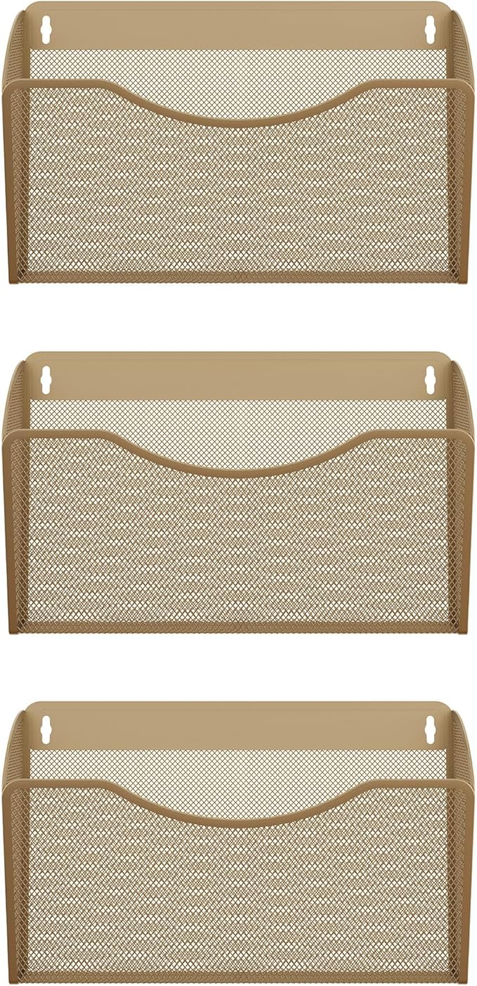 EasyPAG 3 Pack Wall File Organizer, Metal Mesh Hanging File Folder Holder for Letter/A4 Size Folders, Vertical Wall Mount Mail Sorter for Office Paperwork, Classroom, Gold