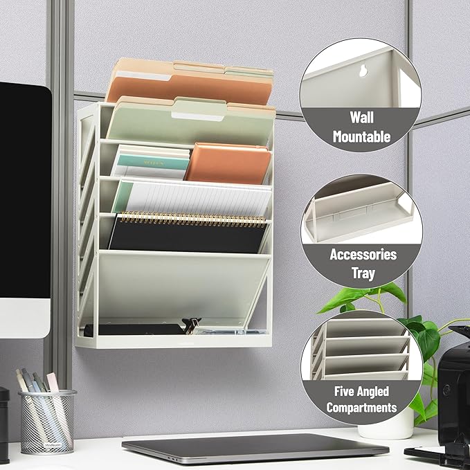 Mind Reader 5-Tier Vertical File Storage, Desktop Organizer, Wall Mount, Office, Plastic, 13"L x 4.25"W x 16"H, Beige