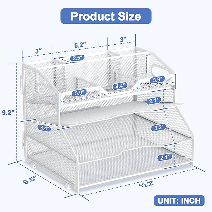 4 Tier Desk Orgnizers and Accessories, Metal Magazine File Holder with Pencil Holder and Handles, Space Saving Desktop Storage for School Office Supplies(White)