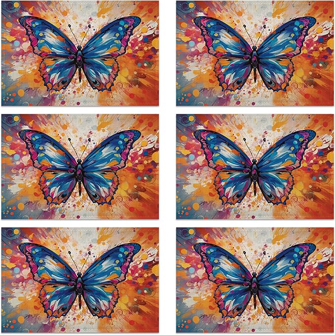Colorful Butterfly Placemats Set of 6 Linen Table Mats, 12x18 Inch Washable Placemats for Dining Table, Non Slip Heat Resistant Mats for Kitchen Home Decor