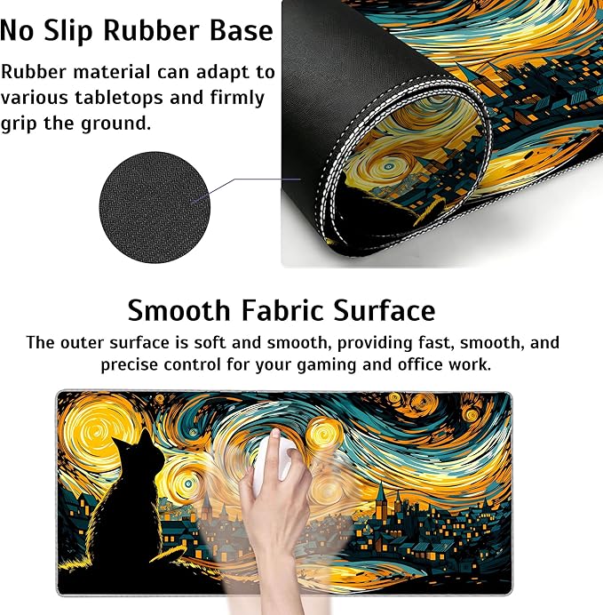 Yellow Starry Night Cat Mouse Pad,35.4 x 15.7 Inch Large Mouse Mat Non-Slip Rubber Stitched Edges for Writing Desk,Office,Home,Laptop