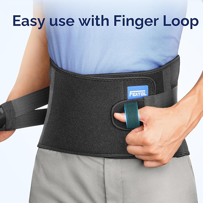 FEATOL Lower Back Brace with 5 Reinforced Stays for Women and Men, Adjustable Snug-Fit Lumbar Support Belt for Work, Size S, Waist 25.6"-28.5"