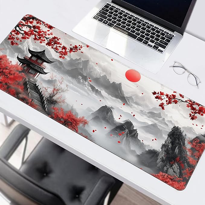Long Gaming Mouse Pad Extended Anime Large Desk Pad with Non-Slip Base Full Keyboard Mat with Stitched Edges for Gaming and Office 31.5 x 11.8 inches (Mountain Cherry)