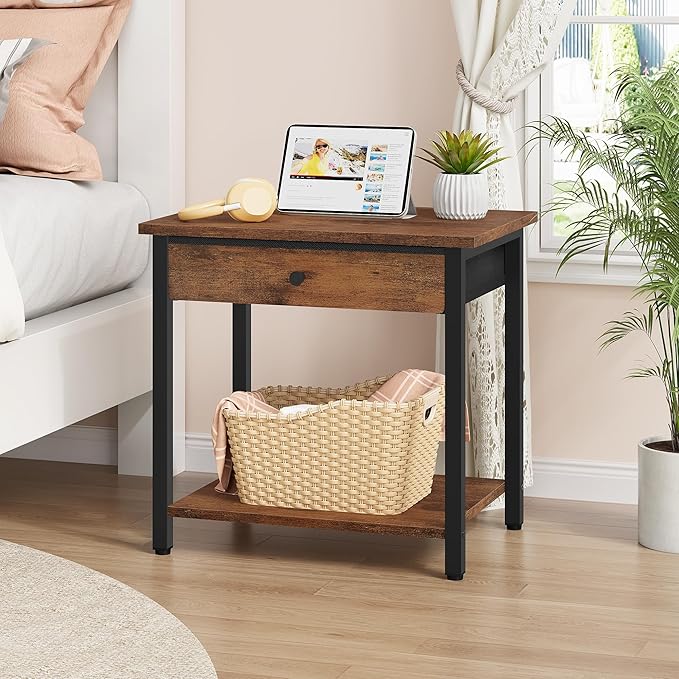 Gewudraw Printer Stand with Storage Drawer, 2-Tier Under Desk Printer Table, Shelf for Home Office, Living Room, Bedroom, Bathroom,Brown