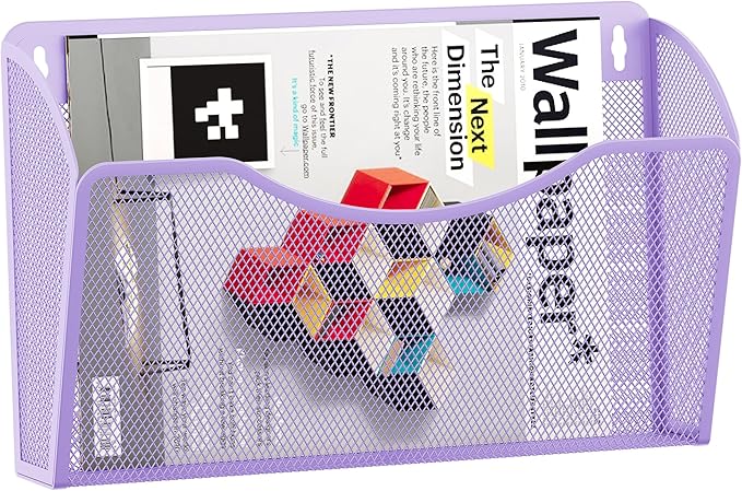 EasyPAG Wall File Organizer, Metal Mesh Hanging File Folder Holder for Letter/A4 Size Folders, Vertical Wall Mount Mail Sorter for Office Paperwork, Classroom, Purple