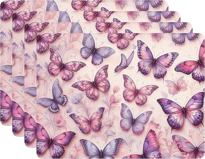 Set of 4 Cork Backed Placemat, Kitchen and Dining Table Decoration Design Hard Placemat 12" x 16" (Butterfly ~ Purple)