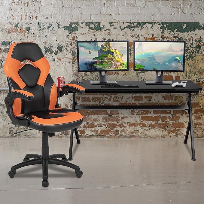 EMMA + OLIVER Black/Orange Gaming Desk Bundle - Cup & Headphone Holders/Mouse Pad Top