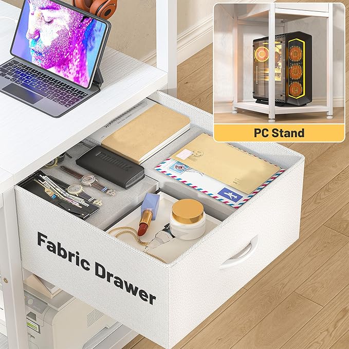 EnHomee 48" Computer Desk with Drawer & Storage Shelves, Home Office Desk with Monitor Stand, Gaming Desk with LED Lights & Power Outlets for Living Room, Study Room, Gaming Room, White