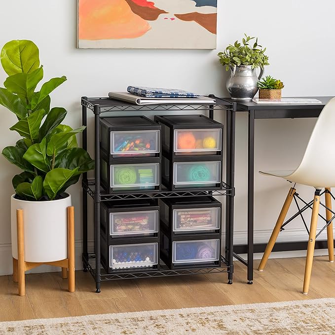 IRIS USA 6 Qt. Plastic Drawer Storage Organizer Stacking Drawers, 8-Pack, Stackable Unit with Sliding Drawer for Clothes Bedroom Kitchen Under Sink Pantry Craft Room Bathroom Dorm Office, Black