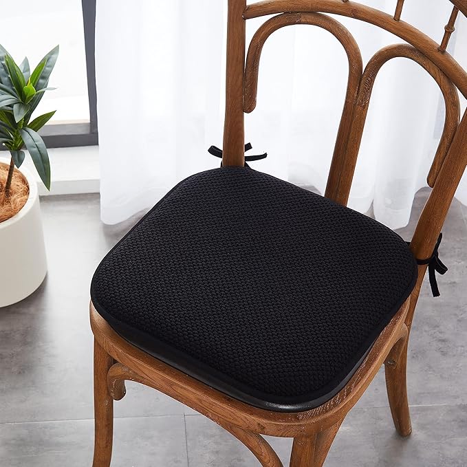 Elegant Comfort 2 Pack Chair Cushion Covers - Skid-Proof Rubber Backing - 16 x 16 Inch - Thick Dining Square Shape Seat Covers - Comfortable Textured Chair Pads with Ties - Honeycomb Pattern, Black