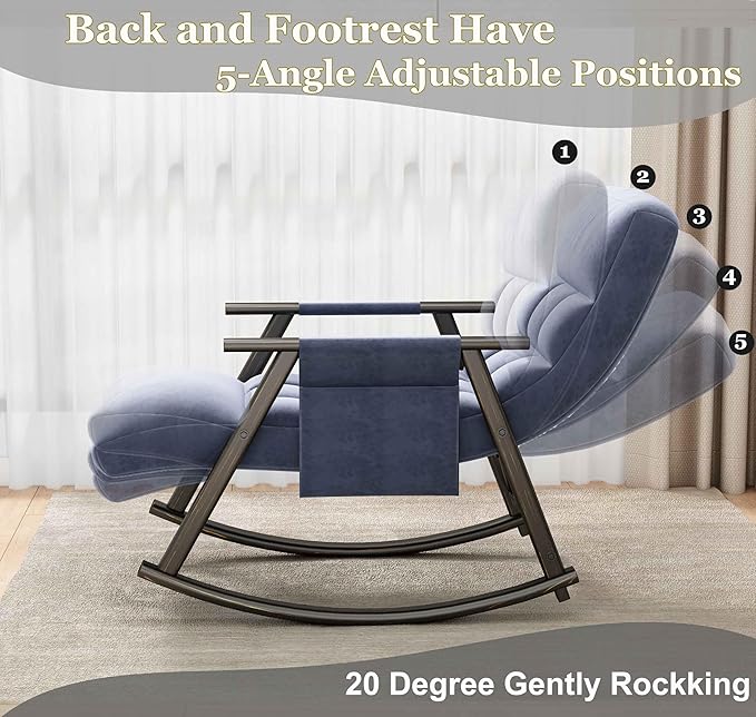 Folding Rocking Chair Nursery with Armrests, Upholstered Lounge Chair Indoor with Side Pocket, Adjustable High Back & Footrest, Glider Rocking Chair for Living Room, Bedroom, Balcony (Velvet, Blue)
