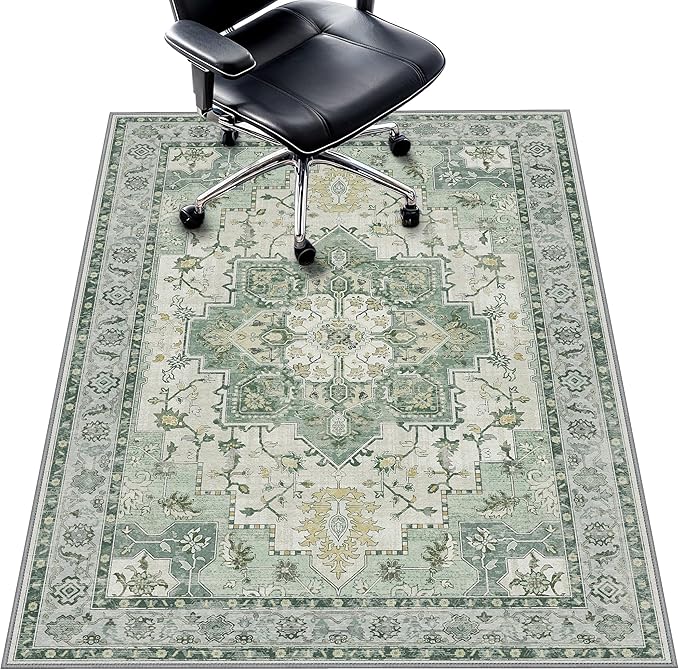 36"x60" Office Chair Mat for Hardwood Tile Floor, Under Desk Carpet Protector for Rolling Computer Chair Mat, Machine Washable Area Rug, Anti-Slip 1/5" Thick Low Pile Thin Vinyl Floor Mat, Green
