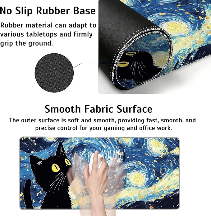 Blue Starry Night Black Cat Mouse Pad,35.4 x 15.7 Inch Large Mouse Mat Non-Slip Rubber Stitched Edges for Writing Desk,Office,Home,Laptop