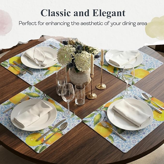 Pimpernel Amalfi Lemons Placemats, Set of 4 - Vibrant Yellow Citrus Table Mats with Blue & White Tile Pattern, Heat & Stain Resistant for Dining, Kitchen, Summer Entertaining & Gift Ideas (12" x 16")