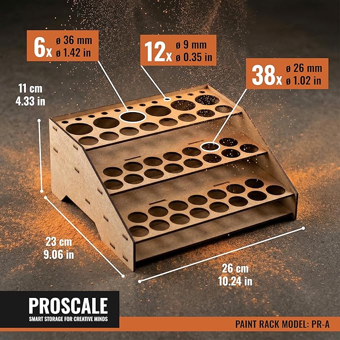 PROSCALE Paint Rack Organizer for Miniature & Model Paints Tabletop Paint Stand with 26mm & 36mm Holes Brush & Tool Holder Artist Room Compatible with Vallejo, Army Painter, AK (Module A)