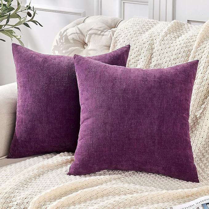 GAWAMAY Decorative Square Throw Pillow Covers 22x22 Inch Set of 2, Super Soft Chenille Pillows Farmhouse Fall Pillowcase for Living Room Bedroom Sofa Couch Cushion Cover Purple 55x55cm (No Insert)