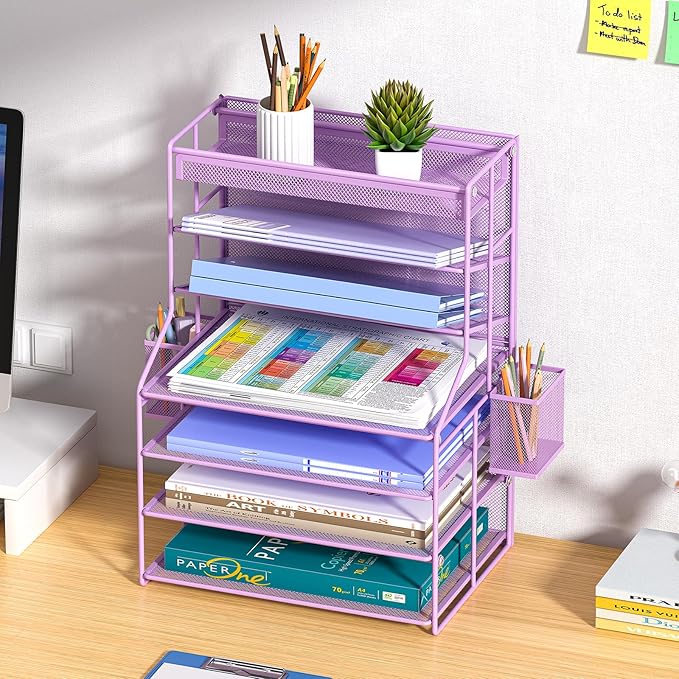 Purple 7 Tier Desktop File Organizer, Letter Tray Paper Organizer with Pen Holder and Metal Hanging Basket, Vertical Desk File Holder for Home Office Organization