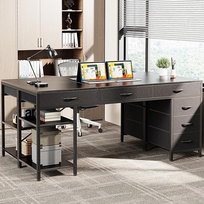 Huuger Computer Desk with 6 Drawers, Office Desk with Shelves, Reversible Gaming Desk, Corner Desk with Storage, Work for Home Office, Study, Living Room, 63inch, Black