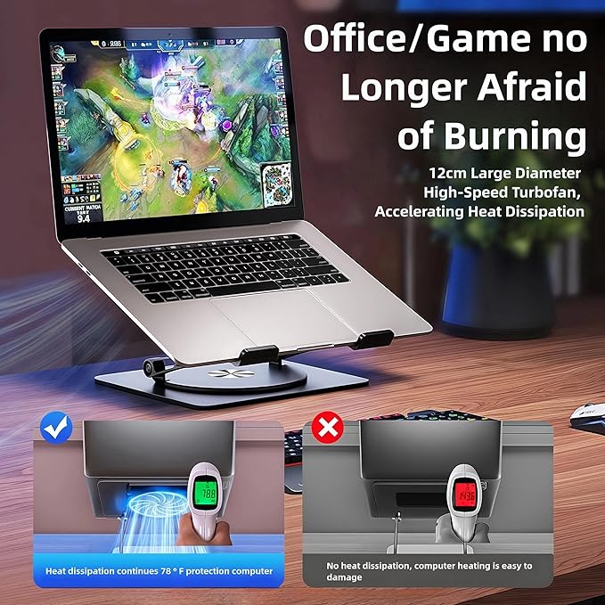 Laptop Stand with Cooling Fan，360°Rotatable Framework，Ergonomic Adjustable Riser for 10-17'' Gaming/Binge-Watching/Office Use - Silver