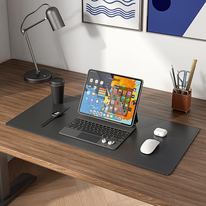 DAWNTREES Desk Mat for Desktop,PU Leather Desk Pad Protector,Non Slip, 23.6" x 13.8" Large Mouse Pad and Keyboard Mat, Waterproof Writing Pad for Office and Home (Black)