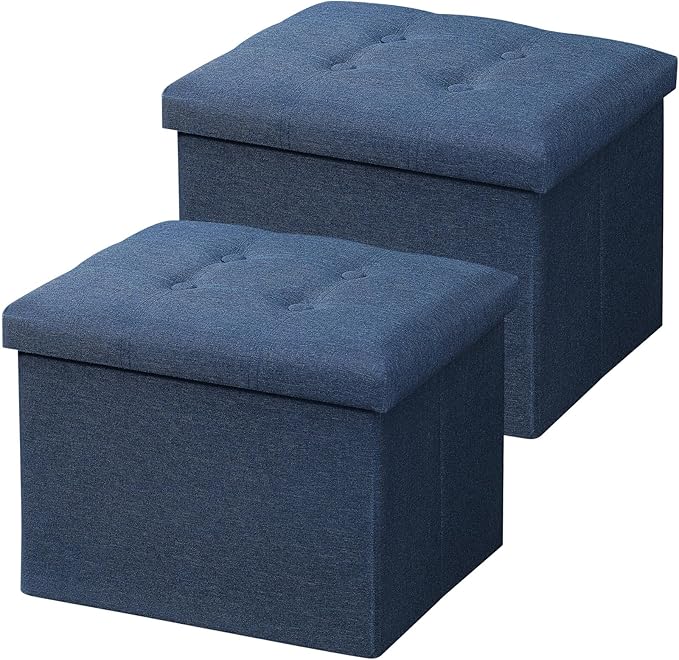 AmasSmile 2Pack Blue Ottoman with Storage,Foot & Leg Rest Stools Small Cute Stool Short Bench Folding Ottomans Square Footstools for Shoe Living Room Under Desk Outdoor RV Camper Each Space Storage