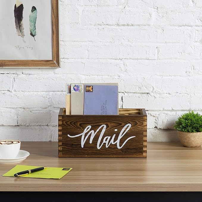 MyGift Mail Holder Storage Organizer Box Rustic Brown Wood with MAIL Script Design, Desktop Letters, Bills, Notes and Postcard Bin for Home Office Dorm Room