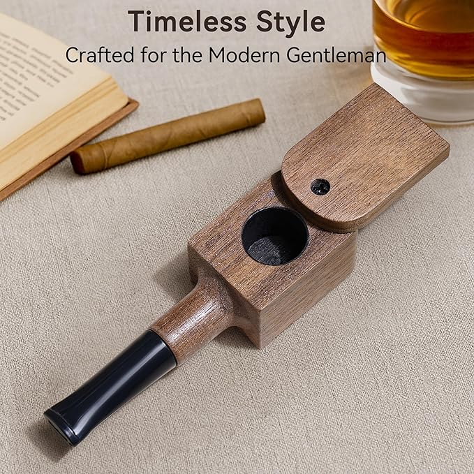 Tobacco Pipe Set - Walnut Wood Square Design Compact Size Classic Style with Cleaning Tool Kit and Screen Inserts for Adult Tobacco Users Desk Daily Use and Gifting