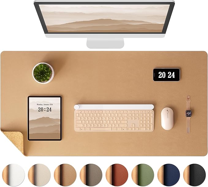 Aothia Dual-Sided Desk Pad - Leather Desk Mat, Natural Cork Desk Pad Protector, Large Mouse Pad for Desk, Waterproof Desk Blotter Pad, Desk Writing Pad for Office Work/Home, Apricot(37.8"x17")