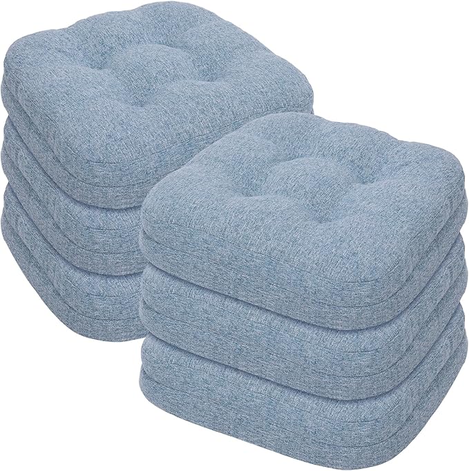 baibu Set of 6 Dining Chair Cushions, Dual-Layer Patent Design Memory Foam Kitchen Chair Cushions, Non-Slip Seat Pads with Ties, 16.5 x 16.5 x 3.5in, 6 Pack, Light Blue
