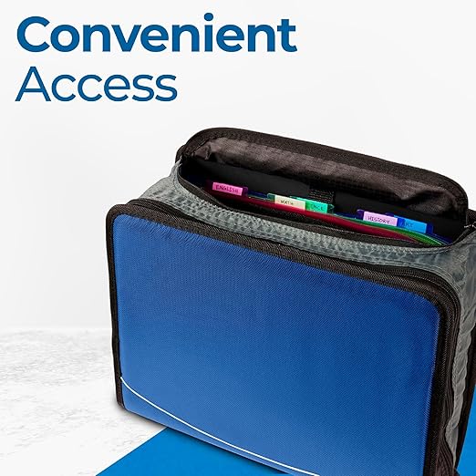 Case-it Mighty Zip Tab School Zipper Binder | 3-Inch O-Rings, 600-Sheet Capacity, 5-Subject Expanding File Folder, Multiple Pockets & Storage Organizer, Shoulder Strap | D-146 Blue