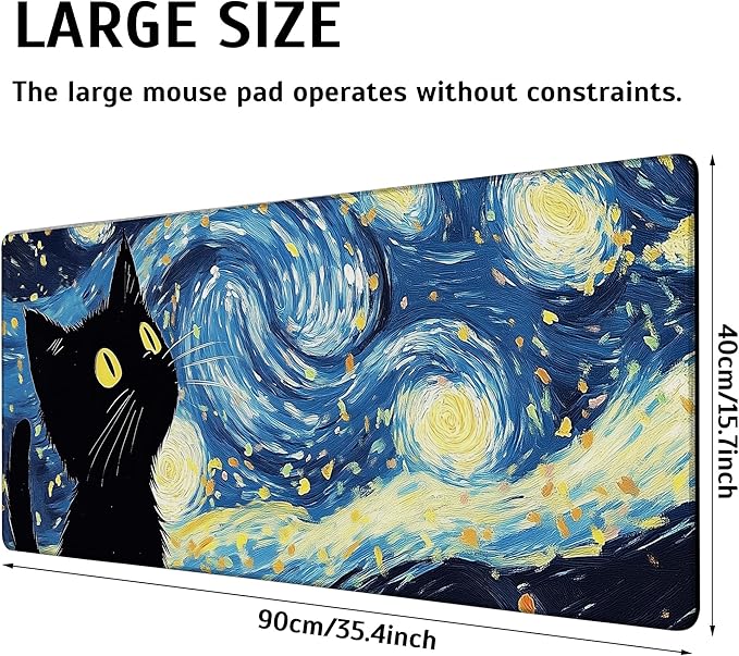 Blue Starry Night Black Cat Mouse Pad,35.4 x 15.7 Inch Large Mouse Mat Non-Slip Rubber Stitched Edges for Writing Desk,Office,Home,Laptop