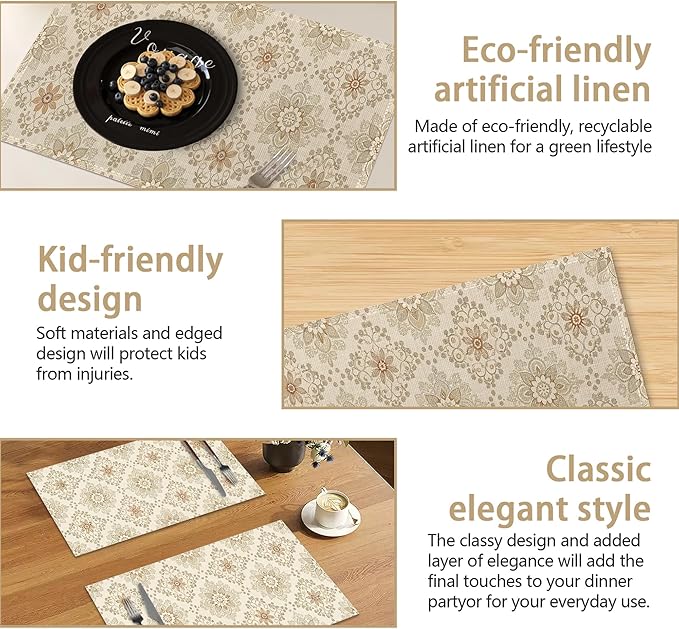 Elegant Beige and Brown Floral Pattern Table Placemats Set of 6, Linen Placemats 12x18 Inch, Washable Non Slip Heat Resistant Mats for Dining Table Kitchen Indoor Use