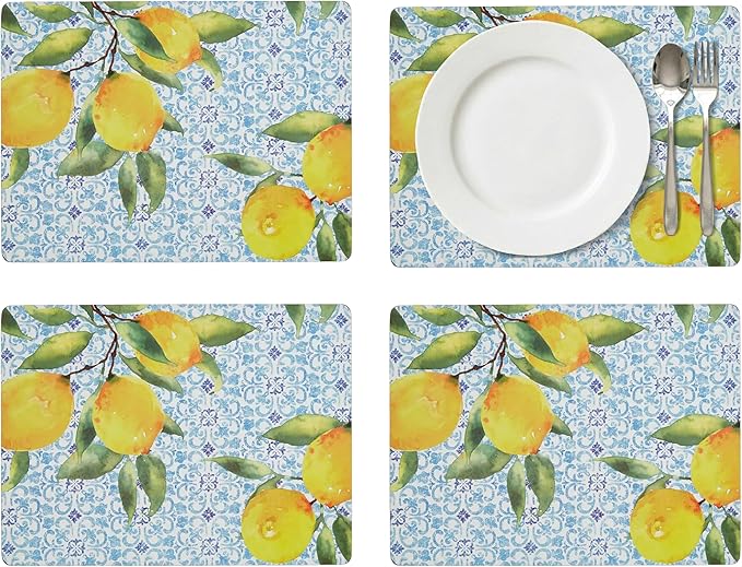 Pimpernel Amalfi Lemons Placemats, Set of 4 - Vibrant Yellow Citrus Table Mats with Blue & White Tile Pattern, Heat & Stain Resistant for Dining, Kitchen, Summer Entertaining & Gift Ideas (12" x 16")