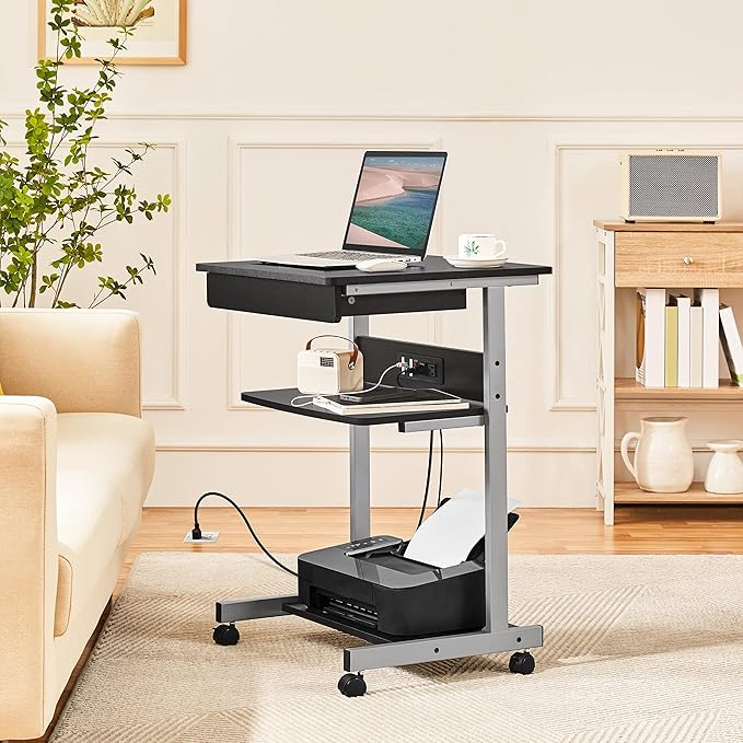 Topeakmart Mobile Laptop Desk Compact Computer Table on Wheels with Power Outlet and USB Ports, Home Office Writing Desk with Charging Station and Printer Shelf Small Desk 22in for Space Saving, Black