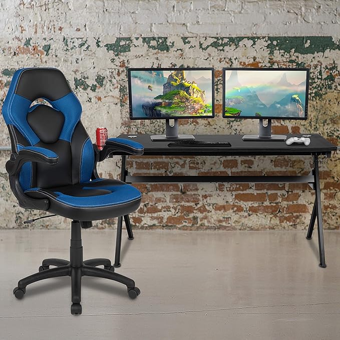 EMMA + OLIVER Black/Blue Gaming Desk Bundle - Cup & Headphone Holders/Mouse Pad Top