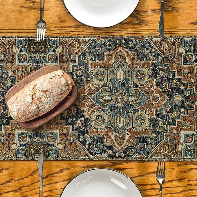 Boho Blue Brown Table Runner,Vintage Elegant Farmhouse Table Center Linen Decor,Country Rustic Farmhouse Magical Fall Kitchen Dining Table Decoration for Home Dining Party Decor 13x108 Inch