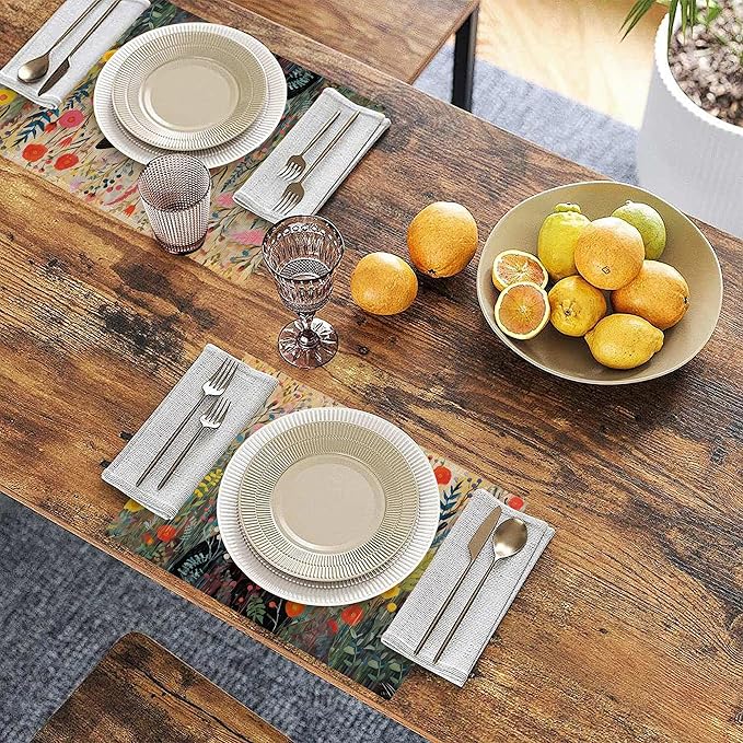 Placemats Set of 6, Cat with Flowers Linen Placemats 12x18 Inch, Heat Resistant Table Mats, Washable Non Slip Place Mats for Dining Table Kitchen Home