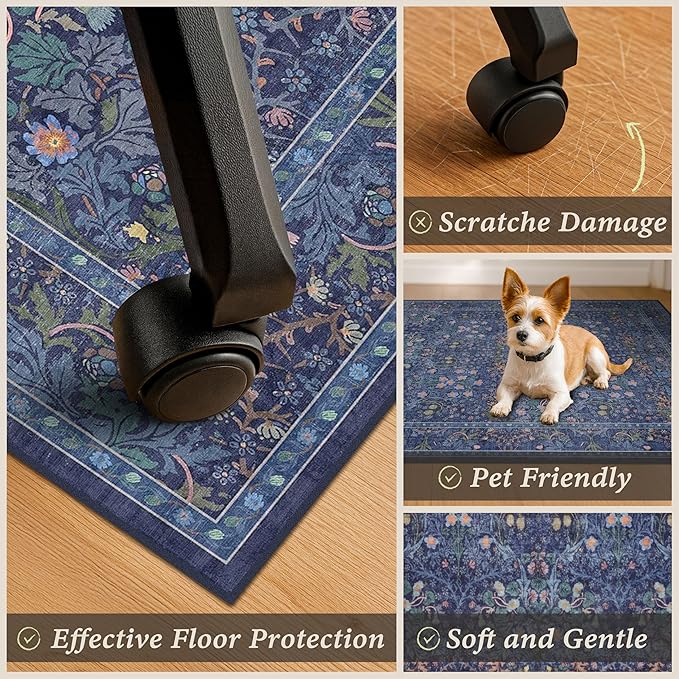 Dark Blue Office Chair Mat for Hardwood Floors, Tile Floor Protector for Heavy Duty Office Chairs, Under Desk Carpet with Anti-Slip & Stain Resistant, Ultra Soft Low Pile Washable Area Rug, 4x5