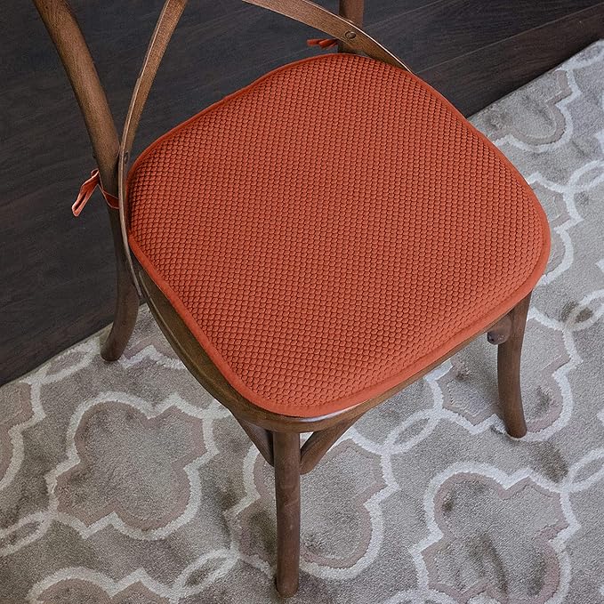 Sweet Home Collection Chair Cushion Memory Foam Pads with Ties Honeycomb Pattern Slip Non Skid Rubber Back Rounded Square 16" x 16" Seat Cover, 4 Pack, Rust