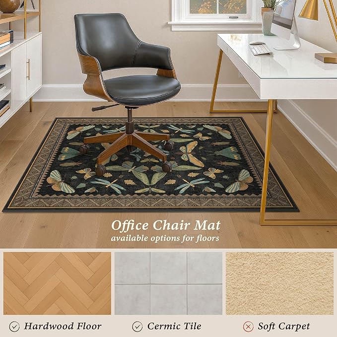 4'x5' Black Office Chair Mat for Hardwood Floors, Insect Boho Design,Non-Slip Low Pile Desk Rug, 48"x60" Small Area Rug for Computer Desk Home Office, Machine Washable WFH Essential for Dorm Room