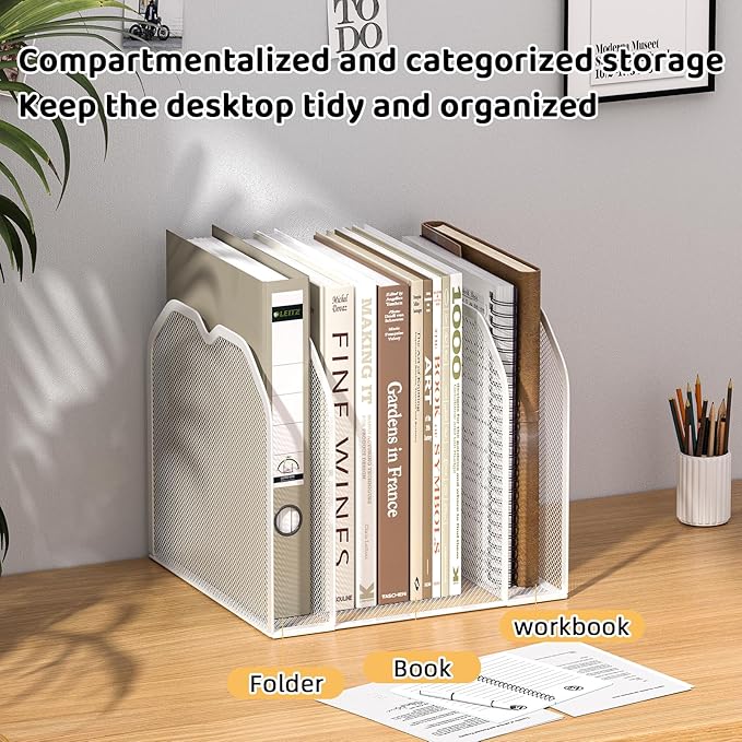 FANXIYQ White 5-Section File Folder Organizer for Desk – 8.5"×9.3" Metal Vertical File Holder, Desktop File Organizer Vertical Stand, Letter/A4 Upright File Sorter