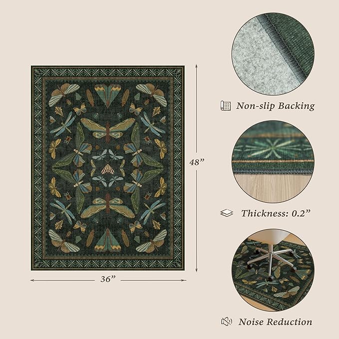 3'x4' Dark Green Office Chair Mat for Hardwood Floors, Insect Boho Design,Non-Slip Low Pile Desk Rug, 36"x48" Small Area Rug for Computer Desk Home Office, Machine Washable WFH Essential for Dorm Room