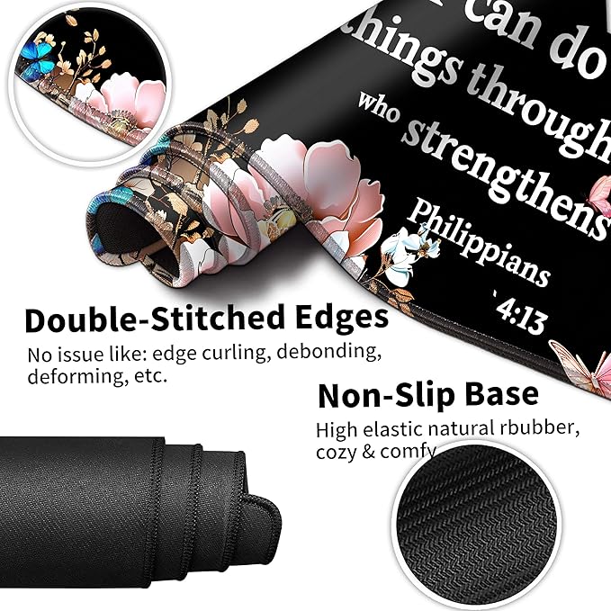 Extended Mouse Pad with Coaster 31.5 x 11.8 Desk Pad Full Desk Mousepad Stitched Edges Desk Mat Long Large Gaming Mouse Pad for Desk Office Home Bible Butterflies