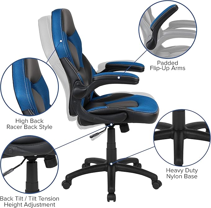 EMMA + OLIVER Black/Blue Gaming Desk Bundle - Cup & Headphone Holders/Mouse Pad Top